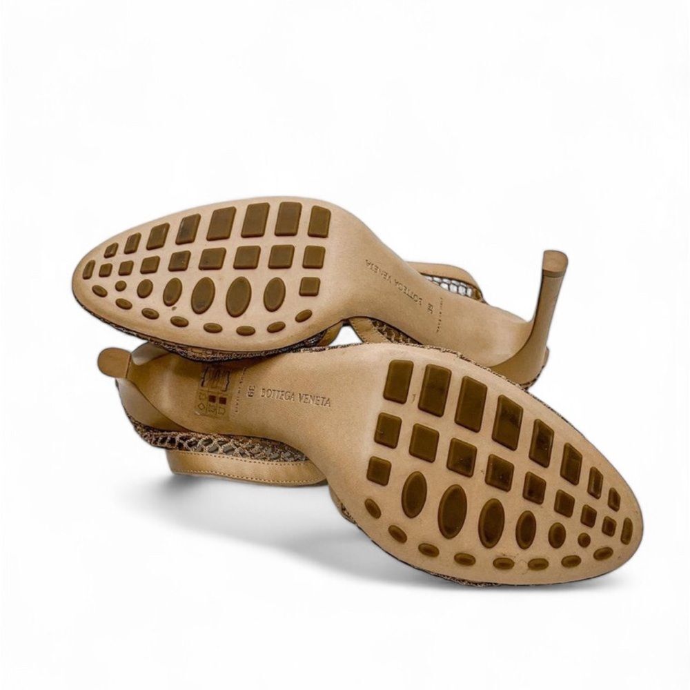 Authentic BOTTEGA VENETA Tan Sand Tex Mesh Gold Trim Runway Sandals Size… - Picture 16 of 16